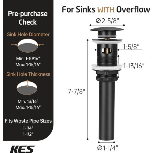 Black KES Bathroom Sink Drain with Overflow Vessel Sink Stopper Pop Up Drain Assembly Matt Black for 1.6-1.9 Sink Hole, All Metal Rustproof Brass and 304 Stainless Steel, S2008A-BK