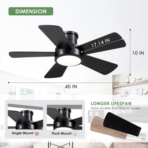 Dannilong 40 inch Modern Ceiling Fans with Lights Remote/APP Control, Low Profile Reversible Ceiling Fans Flush Mount 6 Speeds Ceiling fan Light for Patio Kitchen Bedroom, Black