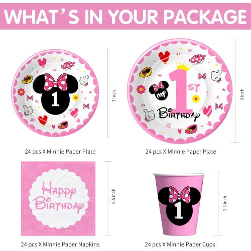 Minnie 1st Birthday Party Supplies - Minnie Theme Mouse Birthday Decorations Tableware, Plate, Cup, Napkin, Tablecloth, Cutlery, Straw, Pink Minnie First Birthday Party Supplies | Serve 24