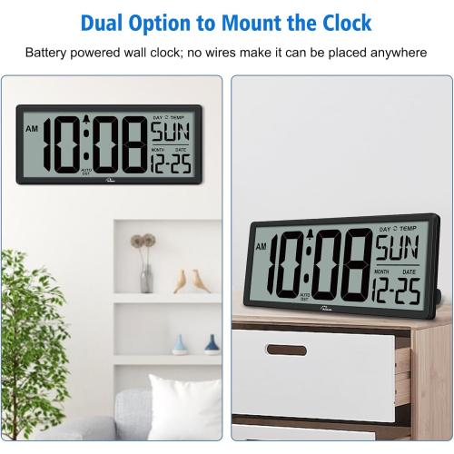 WallarGe Backlight Digital Wall Clock Battery Operated - with Temperature and Date 14.5'' Large Digital Wall Clock, Easy to Read and Set, Auto DST