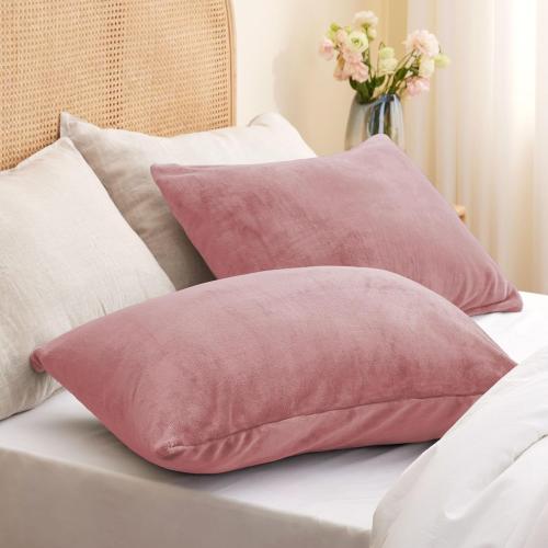 BEDELITE Flannel Pillowcases Standard Set of 2, Super Soft Fleece Pillow Case Cover with Zipper for Bedroom, Sofa, Luxury Cozy Fuzzy Velvet Pillow Shams for All Seasons(20x26 Inches, Dusty Pink)