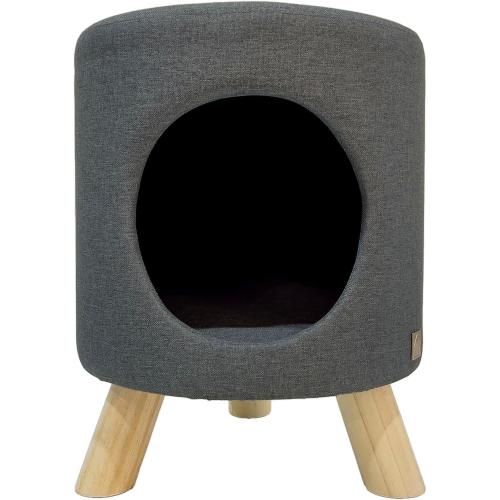4 Cats & Dogs Wallie Stool - Plush Polyester Pet Stool with Wooden Legs, Cozy Hideaway for Cats & Small Dogs, Multipurpose Footstool & Seat, Modern Minimalist Design for Home & Office - Dark Grey