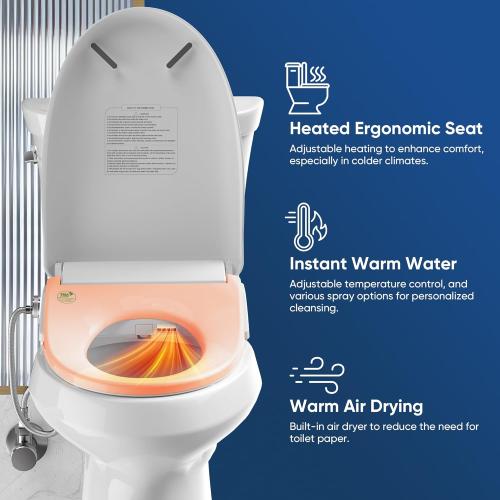 Smart Bidet Toilet Seat, Electric Heated Toilet Seat with Instant Warm Bidet Wash & Warm Air Dryer, Self-Cleaning Stainless Steel Nozzle, Soft Close Lid, Elongated