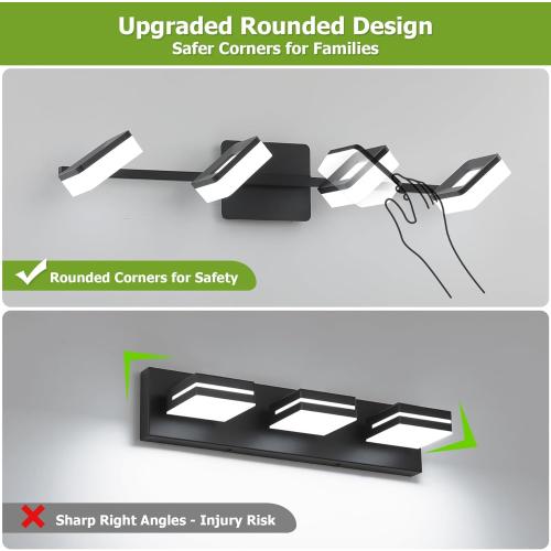 4 Light Acrylic Bathroom Light Fixtures, Modern Black Bathroom Vanity Light, Matte Black Wall Lighting Fixtures Over Mirror, Adjustable LED Vanity Light (White Light 5500K)