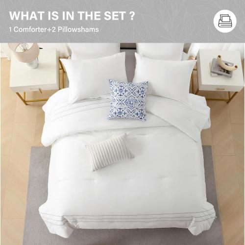 SahSahCasa Long-Staple Cotton Comforter Set King Size, Fluffy Bedding Set for King Bed, Embroidery Striped Lightweight Quilted Bed Set, 104 × 90, 3pcs, White
