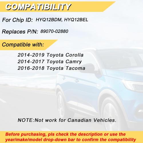 Key Fob Replacement for 2014-2017 Toyota Camry/ 14-19 Corolla/ 16-18 Tacoma Car Keyless Entry Remote Control, HYQ12BDM HYQ12BEL, 4 Buttons