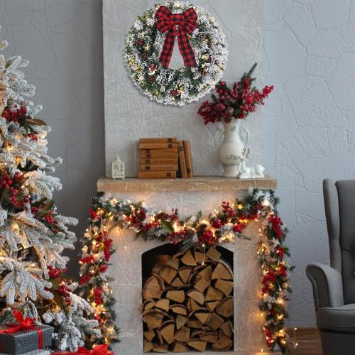 Christmas Wreaths for Front Door, DECSPAS 24 Inch 2 FT Prelit Snowy Flocked Christmas Wreath with Timer 30 LED Lights Bow Red Berries Pine Cone, Xmas Wall Windows Decorations Home Decor Outdoor Indoor