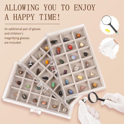 Acrylic Rock Display Case,54 Grids Rock Collection Box for Kids with Mini Magnifying Glass and Gloves, Clear Display Cases for Stones Collectibles Gemstone Crystals Storage Boxes