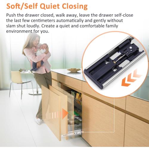Soft Close Drawer Slides Ball Bearing 3 Folds Full Extension Side Mount Cabinet Runners Glides Rails Track 100 Lbs Load 10 12 14 16 18 20 22 24 Inch Silver