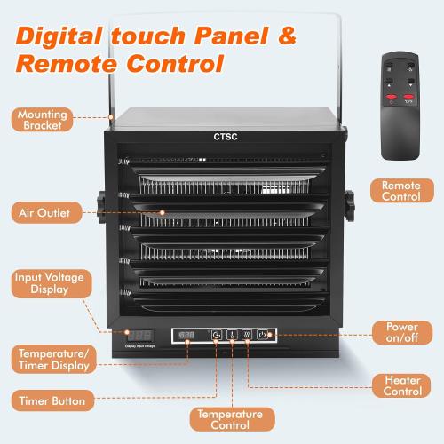 CTSC 10000W Electric Garage Heater, 240v Hardwired Fan-Forced Shop Heater with Digital Thermostat, Remote Control and Timer, ECO Function, Voltage Display Design, Ideal for Workshop, ETL Listed
