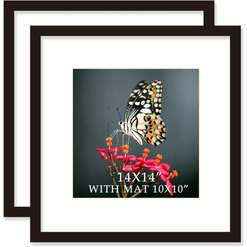 14x14 Frame Black With Mat 10x10 Solid Wood Picture Frames Wall Mounting (2 pack, 14x14 Inch)…