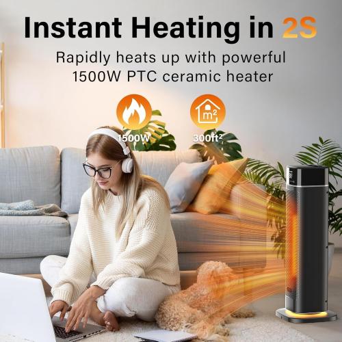 24 Space Heater Indoor, JRD Fast Portable Room Heater with Remote, Night Light, 80° Oscillation,4 Mode, Overheat&Tip-Over Protection, Electric Heaters for Large Room, Bedroom