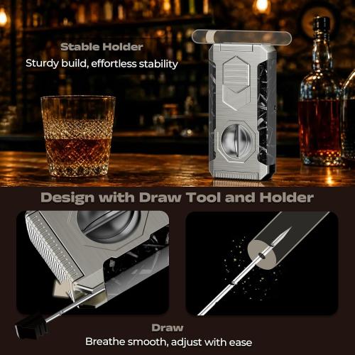 5-in-1 Butane Torch Lighter with Triple Jet Flame, Built-in V & Straight Shear, Holder, Draw Enhancer Tool, Refillable Windproof Cool Lighter for Candle, Camping, Travel, Outdoor, Gift Box for Men