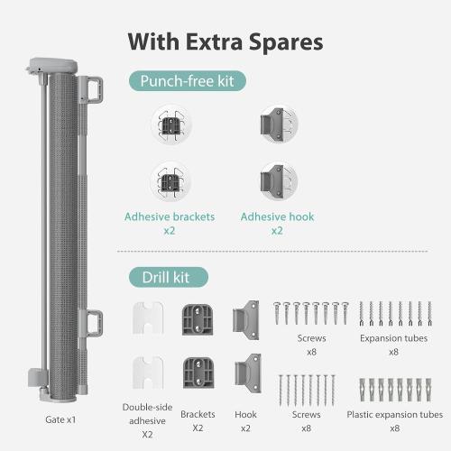 No-Drill Retractable Baby Gates for Stairs with Auto-Lock,33 Tall,Extends up to 55 Wide Mesh Baby Dog Pet Cat Gate with Double Lock for Doorways,Child Gate for Hallways Kitchen Indoor Outdoor Grey