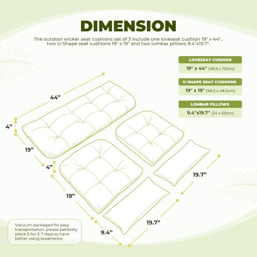Lime Green Wicker Chair Cushions of 5 Pieces, Waterproof Outdoor Loveseat Cushion for Wicker Furniture, 1 Love Seat Cushion, 2 U-Shape and 2 Lumbar Pillows for Patio Furniture