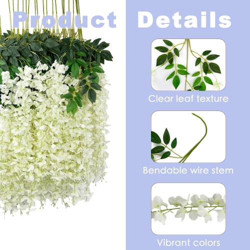 BIRDDIE 24Pcs of Artificial Wisteria Hanging Flowers, 3.75 Feet Fake Wisteria Flower Strings for Backdrop, Wedding, Ceremony,Garden and Home Wall Decoration (White)