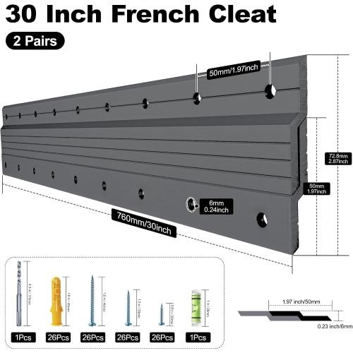 French Cleat Hanger 30 Inch, 2 Pairs Heavy Duty Aluminium Z Bar Clips Picture Hanging Kit, Interlocking Wall Mount Bracket for Mirror, Picture, Headboard, Shelf, Supports 200 lbs