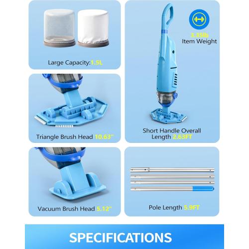 KimPump Cordless Pool Vacuum Cleaner with 4 Filter Bags, Suitable for Ultra-fine Impurity Filtration, 20.5 GPM Handheld Pool Vacuum for Above Ground & Inground Pools, Spa Vacuum for Hot Tub-Lightblue