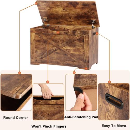 Brown 15.7 x 31.5 x 18.9 Storage Chest, Wooden Storage Bench, Entryway Shoes Bench with 2 Safety Hinges, Retro Storage Trunk for Living Room, Bedroom, 15.7 x 31.5 x 18.9 Inches, Rustic Brown