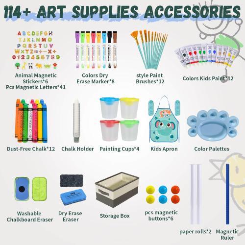 Easel for Kids,Adjustable Wooden Art Easel for Kids,114  Art Supplies,Double Sided Magnetic Chalkboard and White Board for Kid,Drawing and Painting for Aged 2-4,5-7,8-12,2 Paper Rolls