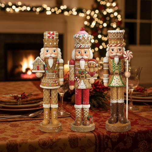 3 Pcs Gingerbread Nutcracker Figures Christmas Resin Nutcracker Figurines Holding Christmas Cookies, Gingerbread Men and Candy, Soldier Xmas Centerpieces Decor for Winter Table Party Favors