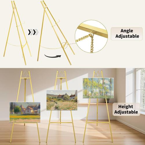 GRENTY Gold Easel Stand for Wedding Signs – No Assembly Needed, Heavy Duty Metal Display Stand for Art, Welcome Signs, Posters, Pictures, Paintings, and Floor Décor