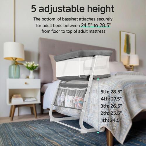 Cowiewie Bassinet Bedside Sleeper,Baby Bassinet Slides Over Bed,5-Height Adjustment & Breathable All-Mesh Wall Bedside Bassinet for Baby,Space-Saving Bedside Crib, Height(37.4-41.3), Dark Grey