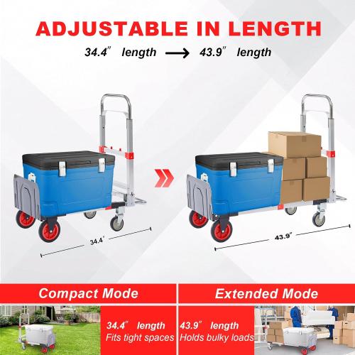 Upgraded 3 in 1 Aluminum Folding Hand Truck, 600lbs Capacity, Heavy Duty Convertible Dolly with Retractable Handle and 4 Rubber Wheels, Collapsible Cart for Moving Home, Office, Warehouse (Red)