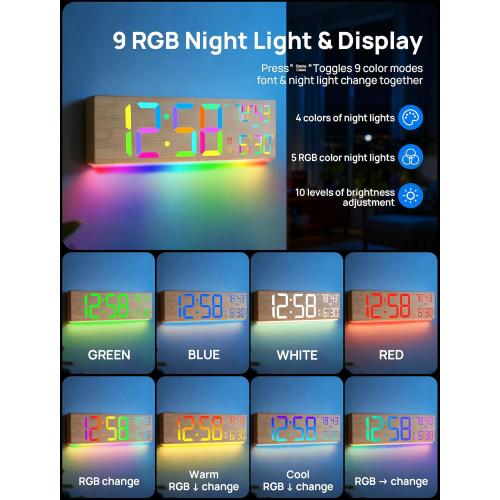 MASHI 18.5 Large Digital Wall Clock with Remote Control, Dual Alarm with Big LED Screen Dispaly,10 Adjustable Brightness, DST, Date Week,Temp for Living Room, Bedroom, Gifts for Elderly (Bamboo)