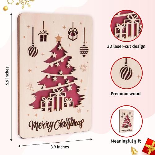 Wooden Christmas Greeting Card, Handmade Merry Christmas Card 2025, Festive Laser Cut Wood Art for Home and Tree Decor, Unique Holiday Gift for Friends and Family (Style 1)