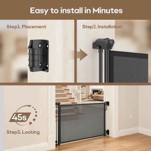 SPACEANY Retractable Safety Baby Gate or Mesh Dog Gate,Durable Portable Mesh Retractable Gate,Easy to Use for Stairs, Doorways, Hallways, Indoor, Outdoor, 33.5 Tall, Up to 45 Wide, Black