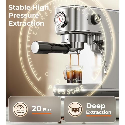 Espresso Machine with Milk Frother, 20 Bar Pressure Espresso Maker, with 44OZ Removable Tank, Compact Stainless Steel Coffee Machine for Home, Office, Latte, Cappuccino, Macchiato, Silver