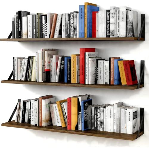 Forbena Floating Book Shelves for Wall Set of 3, 36 Inches Long Wall Bookshelf for Bedroom, Large Wood Heavy Duty Hanging Bookshelves for Books, Living Room Decor, Closet Storage (Rustic Brown)