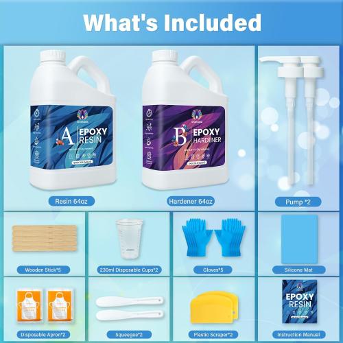 Epoxy Resin 1 Gallon Kit with Pump High Glossy Food Safe Crystal Clear Bubble Free No Yellowing Easy Mix 1:1 for Craft DIY Jewelry Art Casting - missing some accessories
