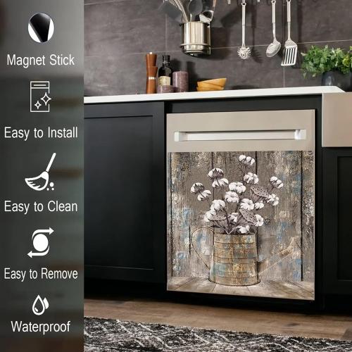Vintage Wood Dishwasher Cover Kitchen Decorative,Rustic Wooden Dishwasher Magnet Cover Decor Cotton Flower Sticker,Retro Farm Floral Dishwasher Decal Home Appliance Panel Stickers 23x26