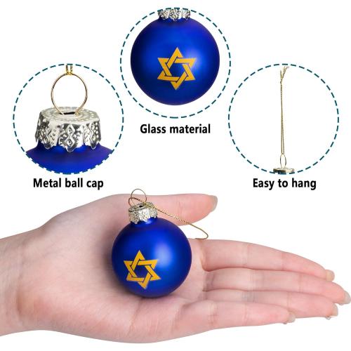 12pcs Glass Ball Ornaments, Star of David Hanukkah Ornament Balls, White and Blue Jewish Menorah Decorations for Tree (12 pcs)