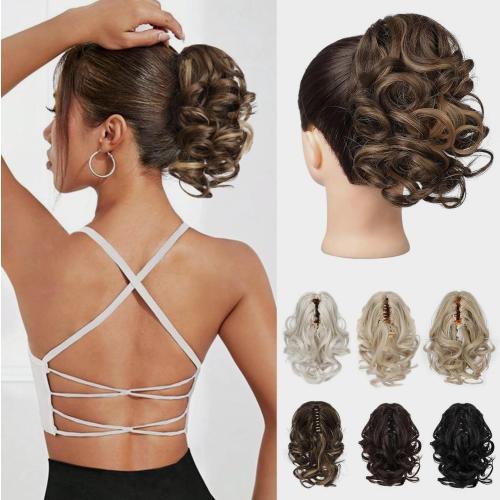 REECHO Ponytail Extension, 9 Claw Clip in Short Curly Wavy Pony Hair Extension Jaw Clip on Pony Tail HP001 Hairpiece for Women - Chestnut Brown with Golden Highlights