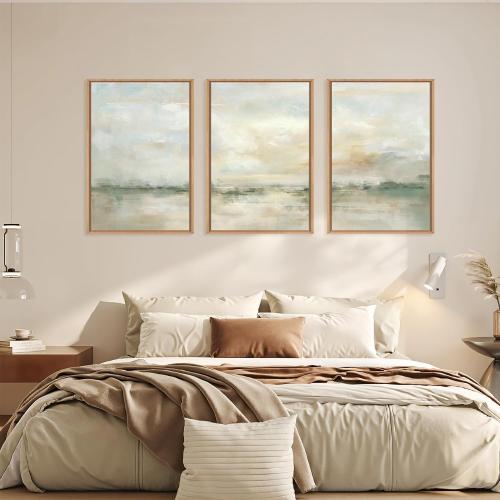 LHIUEM Large Abstract Green Gray Pastel Framed Canvas Wall Art,Neutral Landscape Wall Decor,Modern Watercolor Lake Artwork,Beige Textured Illustrations Art for Living Room,Bedroom,Office- 24x36x3