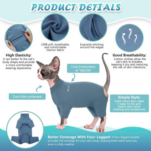ROZKITCH Sphynx Cat Shirt, Breathable Soft Jumpers for Hairless Cats Only, Coat with Four Legs, Warm Sweater T-Shirt Pajamas Jumpsuit Vest Cornish Rex, Devon Rex, Peterbald Blue XXL