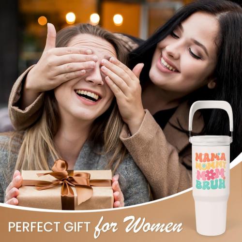 SANDJEST Funny Mom Tumbler 30oz, Mama Bruh Stainless Steel Insulated Coffee Travel Mug with Handle & Flip Straw Lid, Mom Gifts for Christmas Birthday Mothers Day Valentines