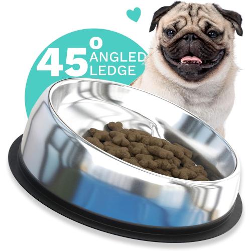 Enhanced Pet Bowl – Slanted Stainless Steel Dog Bowl for Breeds Like Bulldogs, Pugs – Raised Back, No-Spill, Reduces Gas & Mess – Medium Size, Non-Slip, Food-Grade - Does Not Ship from China