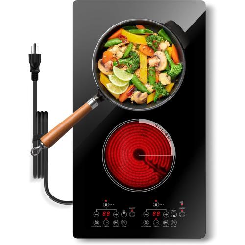 2 Burner Electric Cooktop 2000W, Portable Ceramic Glass Hot Plate 12 Inch, 110V Plug in Electric Stove Top Burner, Built-in & Countertop Burner with Touch Control, 9 Power Levels