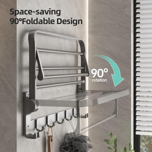 Bathroom Towel Rack with Towel Bar and Hooks 23.6 in Foldable Towel Shelf Wall Mounted Lavatory Towel Organizer Modern Gray Finish