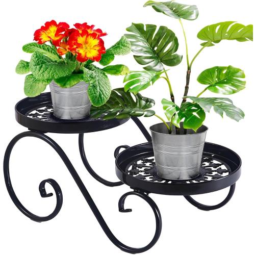 2 Tier Black Plant Stand, Metal Flower Stand Indoor Outdoor, Anti-Rust Iron Plant Shelf, Round Flower Pot Stands for Multiple Plants, Display Rack Potted Plant Holders for Garden Home Decor