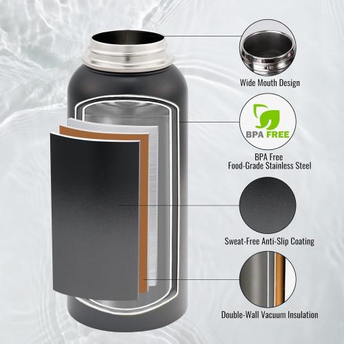 32 oz Insulated Water Bottle with Handle, 304 Stainless Steel Water Bottles with Wide Mouth, Double Wall Vacuum Sports Water Bottle, BPA Free, Keep Cold and Hot, Black/Gray