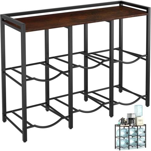 5 Gallon Water Jug Holder for 6 Bottles With Rustic Brown Wood Top Shelf - Heavy Duty Dispenser Stand for Home Kitchen/Office/Living Room