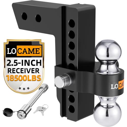 LOCAME Adjustable Trailer Hitch, Fits 2.5-Inch Receiver Only, 8-Inch Drop Aluminum Drop Hitch,18,500 LBS GTW-Tow Hitch for Heavy Duty Truck with Double Stainless Steel Locks, Black, LC0019