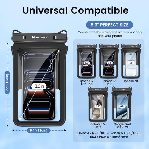 Niveaya Double Space Waterproof Phone Pouch (2-Pack) - IPX8 Phone Case Dry Bag for Beach, Kayak, Cruise Travel Essentials - Compatible with iPhone 17/16/15/14 Pro Max Galaxy S25/S24 Ultra (up to 8.3)
