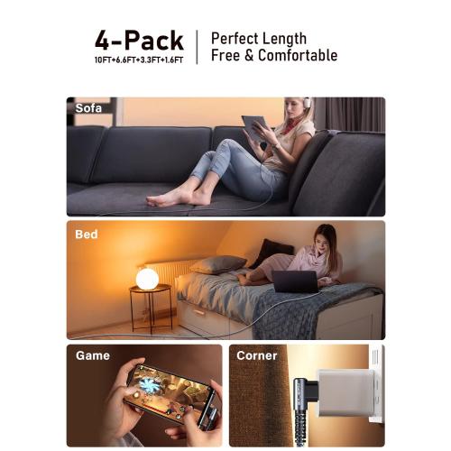 MRGLAS USB C Cable 3.2A【Upgraded 90°& Gold-Plated】, [4-Pack,10 6.6 3.3 1.6FT] Type C Fast Charging Cable Right Angle Nylon Braided USB A to USBC Cord for iPhone 17/16 Samsung S25 Ultra S10 Note 10