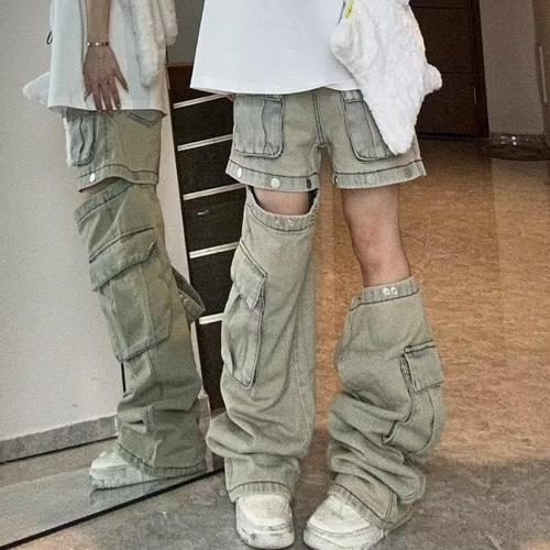 Daisy sizeM.. Casual Jeans American high Street y2k Retro Punk Style Detachable Loose Wide Leg Cargo Pants Unisex